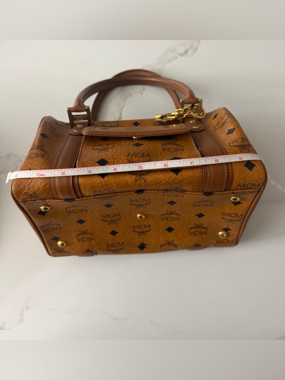 MCM Vintage Cognac Visetos Monogram Boston Satchel Bag with Gold Logo Plate - Picture 13 of 14